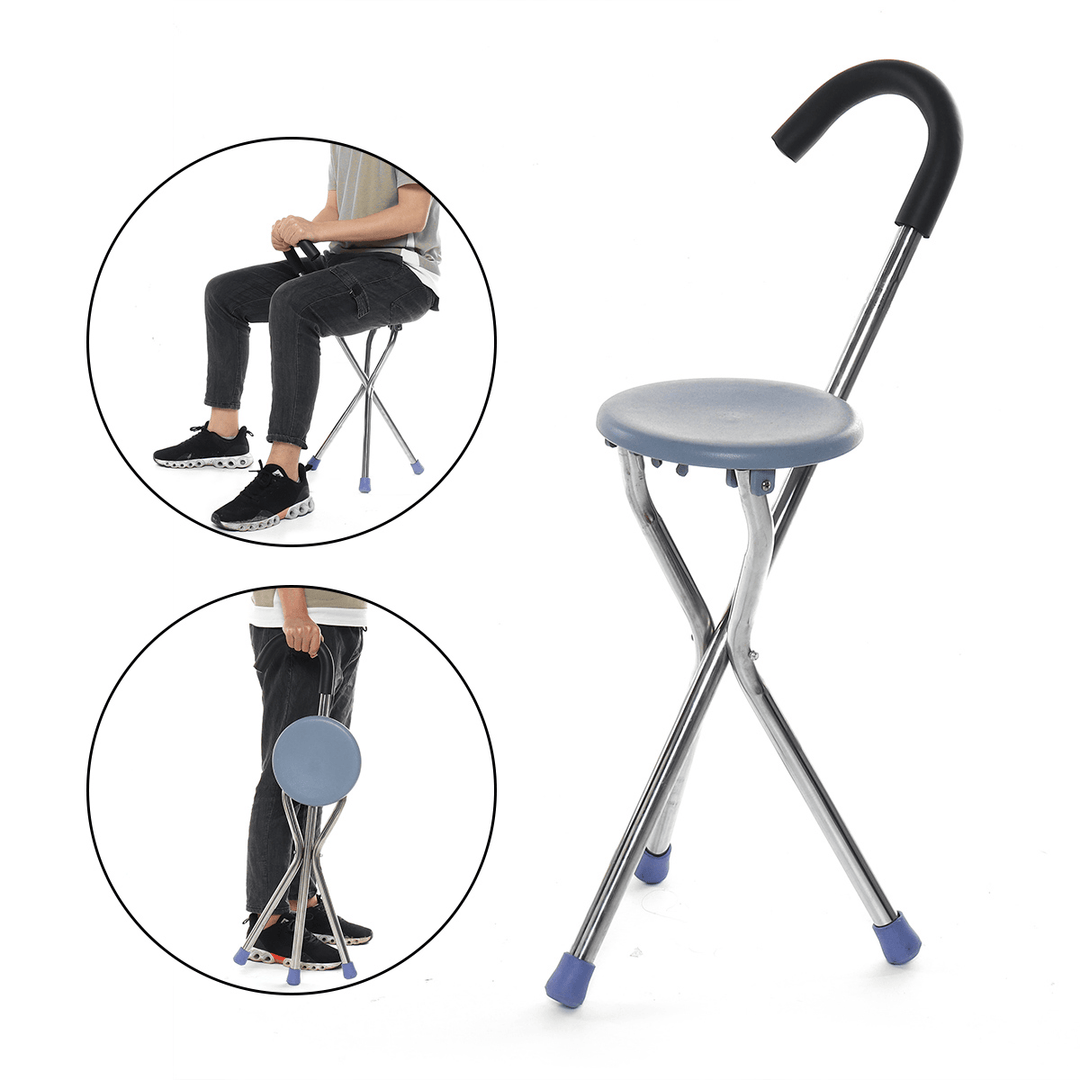 Stainless Steel Folding Tripod Cane Hiking Chair Portable Walking Stick with Seat