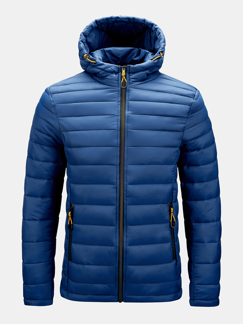 Mens Solid Color Thick Zipper Simple Hooded down Jacket