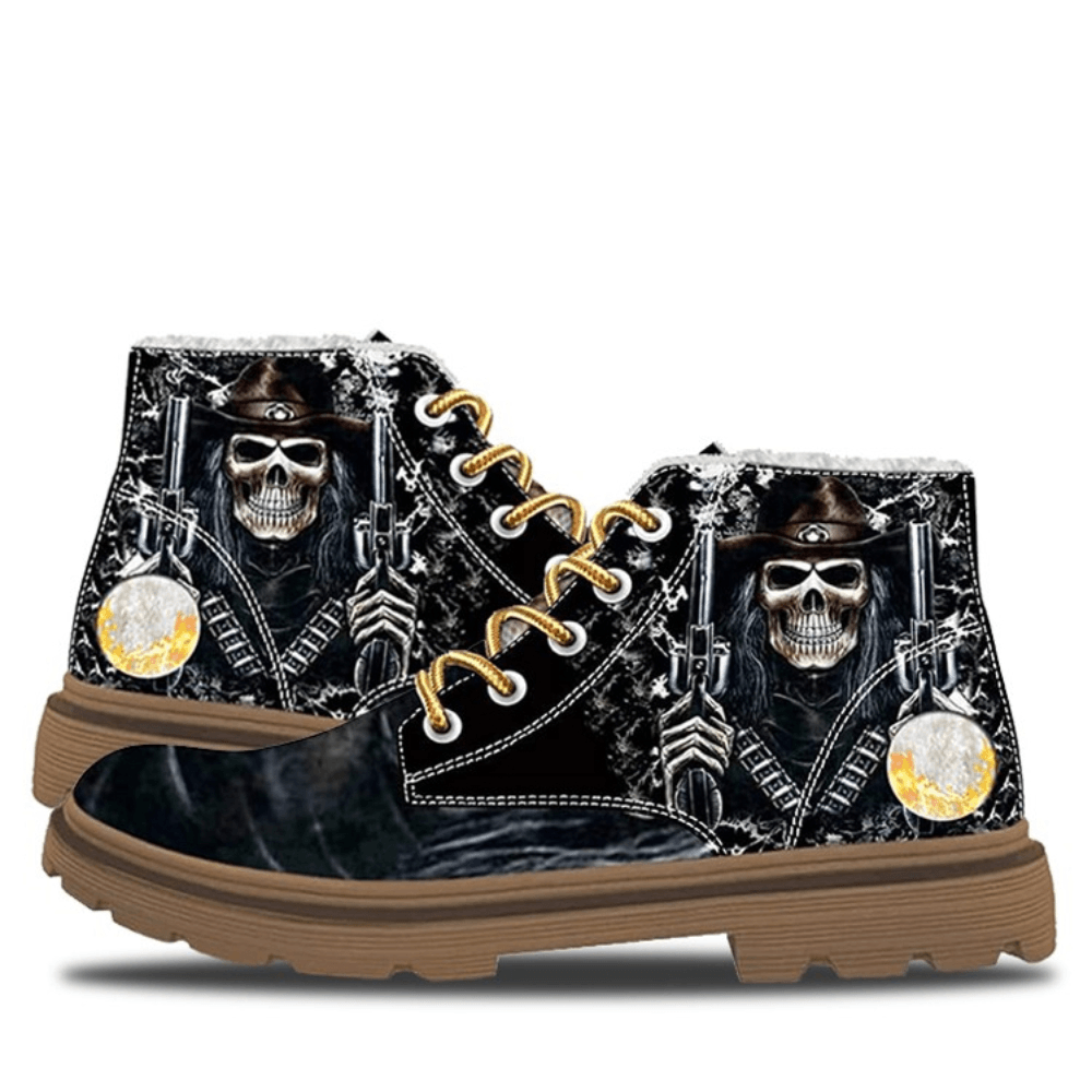 Men Leather Halloween Funny Skull Printing Non Slip Comfy Casual Martin Ankle Boots