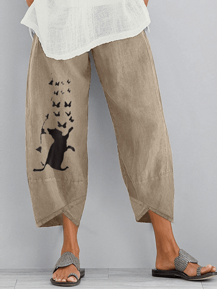 Women Cartoon Cat Butterfly Print Cotton Loose Elastic Waist Cropped Pants