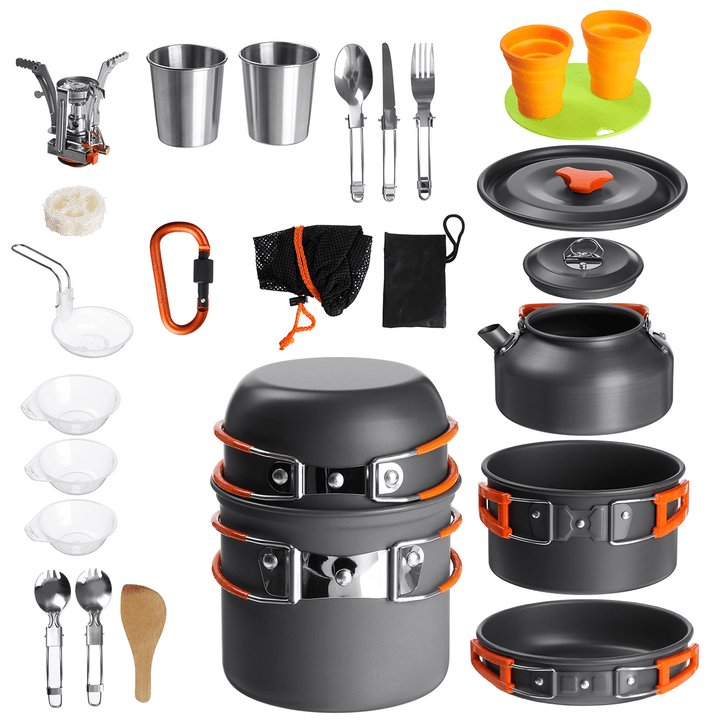 Outdoor Camping Hiking Cookware Tableware Picnic Cooking Pan Fry Pan Kettle Teapot Foldable Fork Spoon Kit Camping Picnic Tools