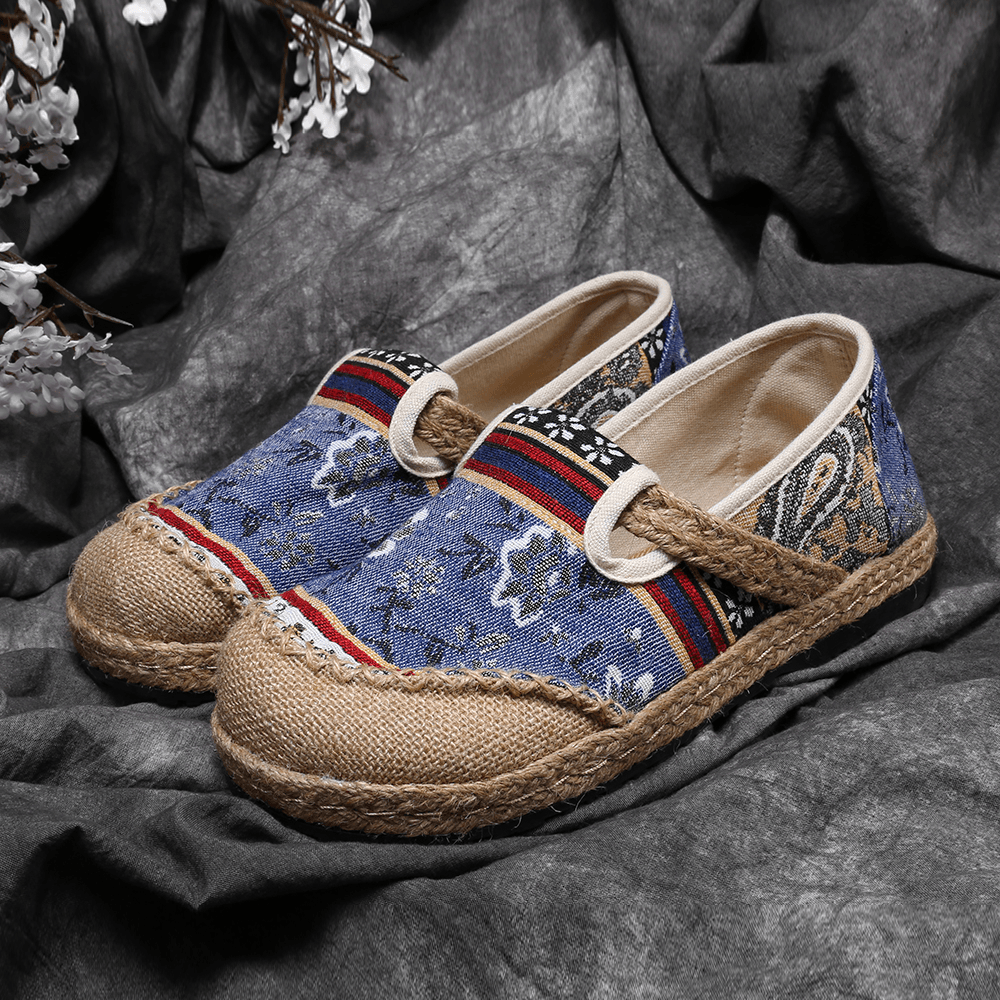 Women Linen Old Peking Printing Stricing Slip on Loafers