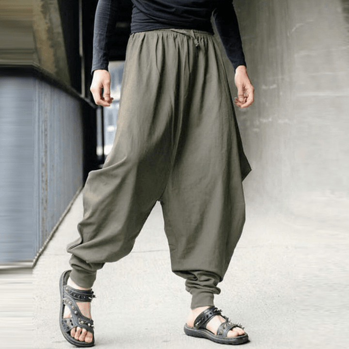 Mens Casual Cotton Linen Solid Color Baggy Loose Harem Pants