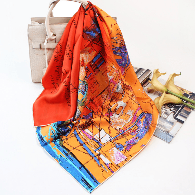 Riverside Town Elegant Silk Scarf Thick Silk Big Square Scarf Women Wild Scarf Silk