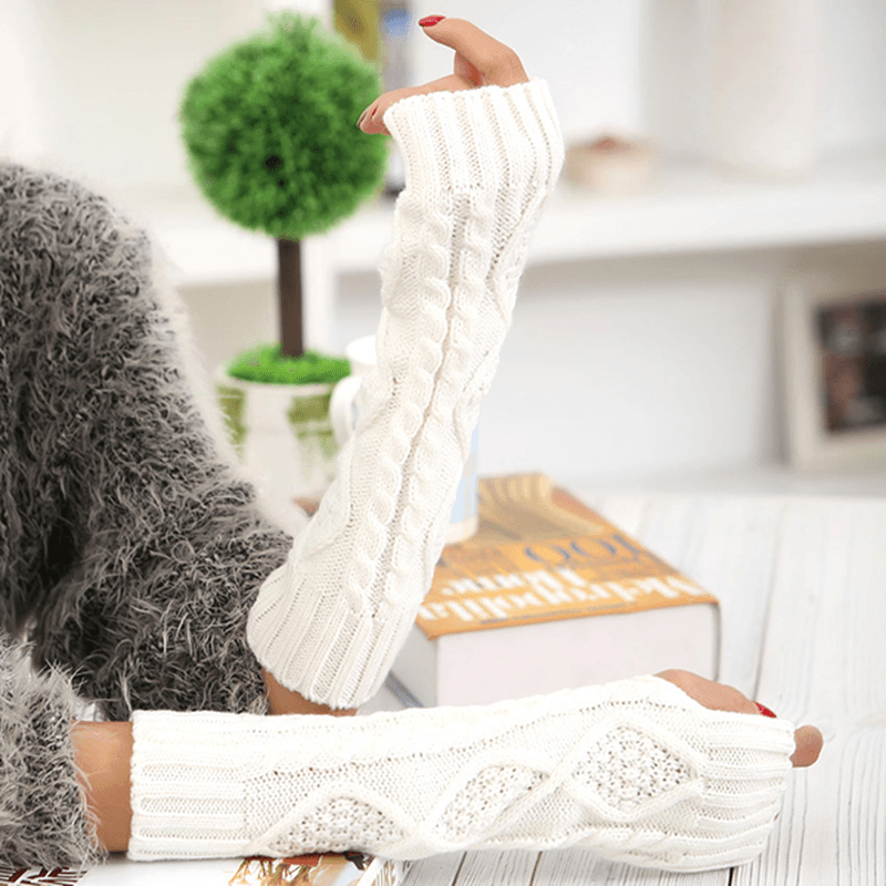 Women Winter Warm Knitting Fingerless Long Sleeve Gloves Casual Rhombic Pattern Gloves