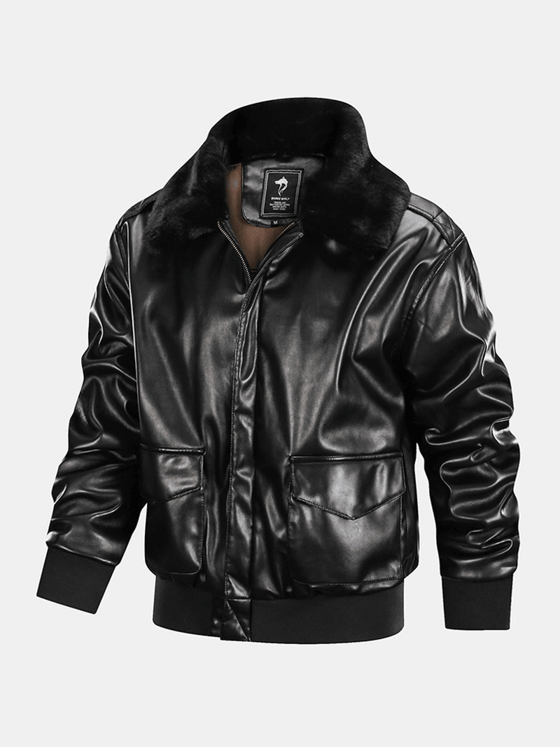 Mens Zipper Big Flap Pocket Fur Collar Cargo PU Jacket