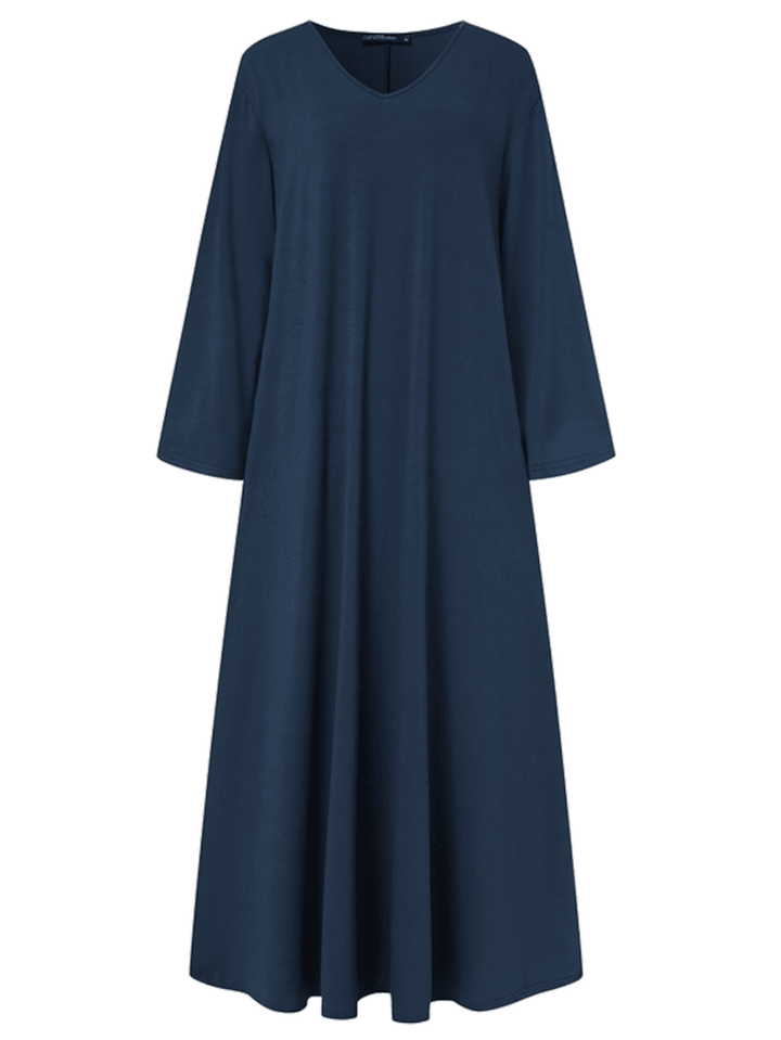 Women Casual Solid Color V-Neck Loose Long Sleeve Swing Maxi Dress