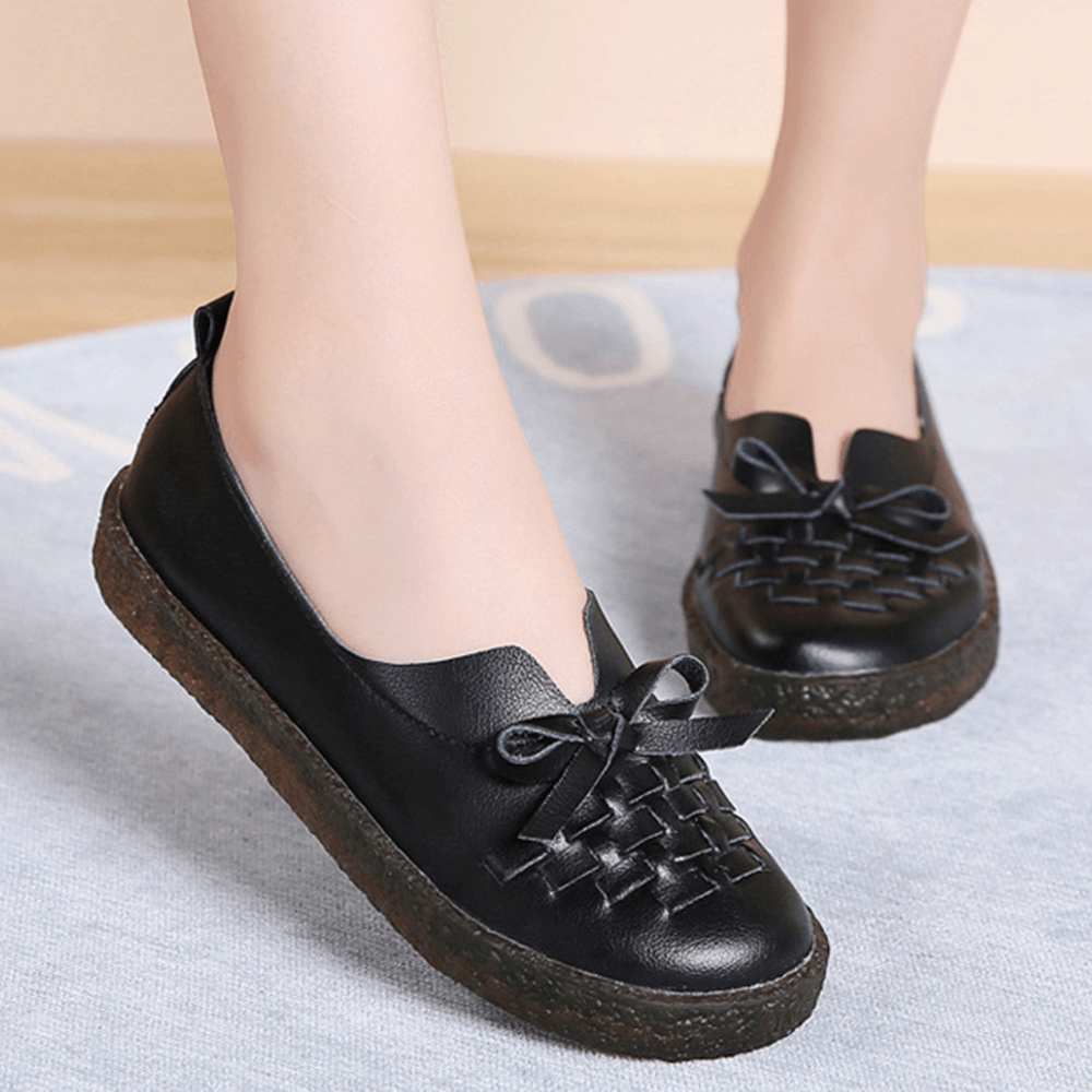 Women'S Leather Slip on Solid Color Woven Bowknot Asakuchi Flats Loafers Shoes