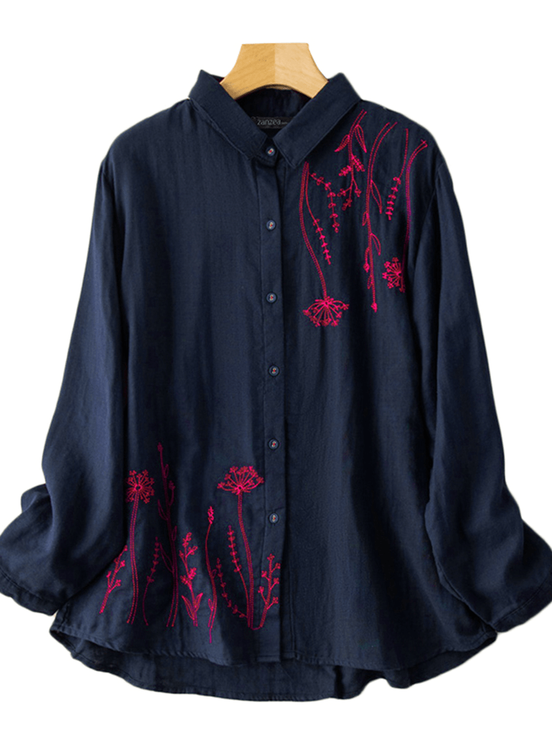 Women Puff Sleeve Flowers Printed Embroidery Button Stand Collar Shirt