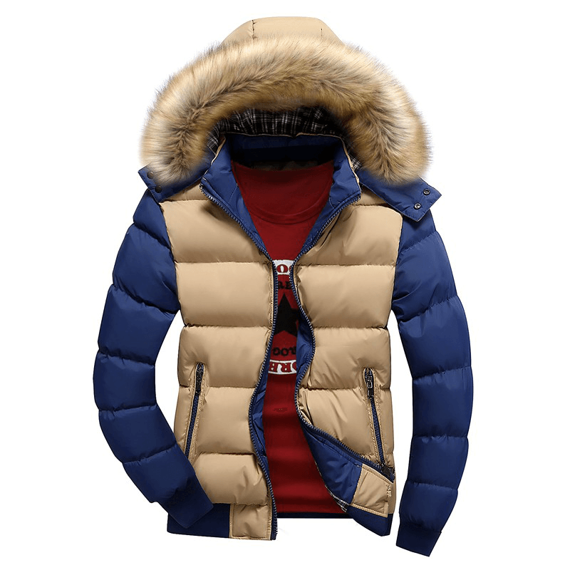 Mens Thick Warm Coat Color Splicing Detachable Hooded Puffer Jacket - MRSLM