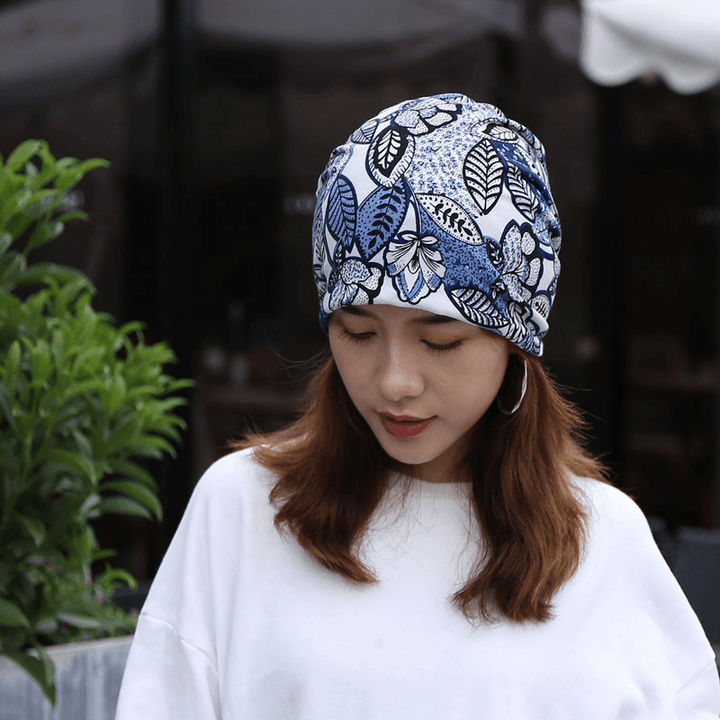 Women Cotton Floral Leaf Printing Pattern Casual Outdoor Dual-Use Neck Protection Brimless Beanie