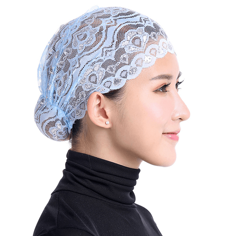 Women Shiny Lace Head Coverings Headscarf Hat Islamic Headwear Cap Scarf Hijab Undercaps - MRSLM