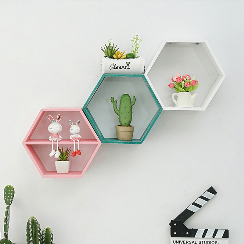 Hexagon Wall Mounted Shelf Rack Decorative Frame Wall Punch-Free Bookshelf Decorations Display Stand Organizer for Office Home Living Room Bathroom