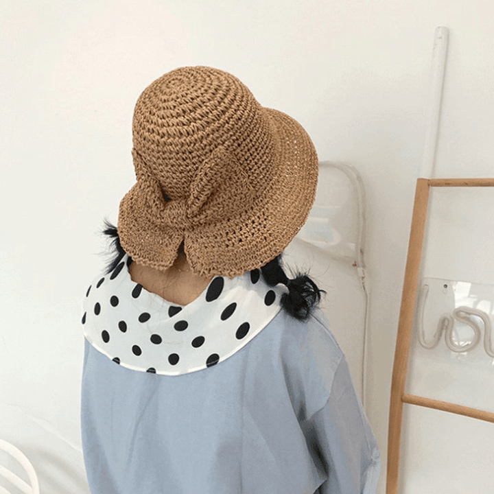 Female Foldable Bowknot Decoration Casual Breathable Small Brim Sunscreen Sun Hat Straw Hat Bucket Hat