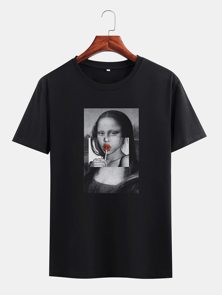 Mens Funny Kuso Mona Lisa License Crew Neck Black Short Sleeve T-Shirts