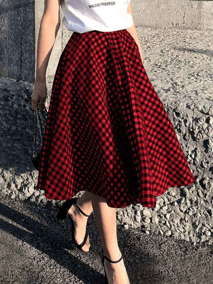 Women Plaid Pleated Spliced Loose Casual Leisure Skirts