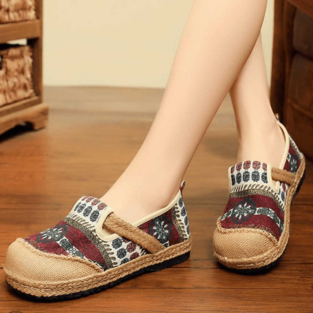 Women Linen Straw Pattern Casual Slip on Espadrille Flat Loafers