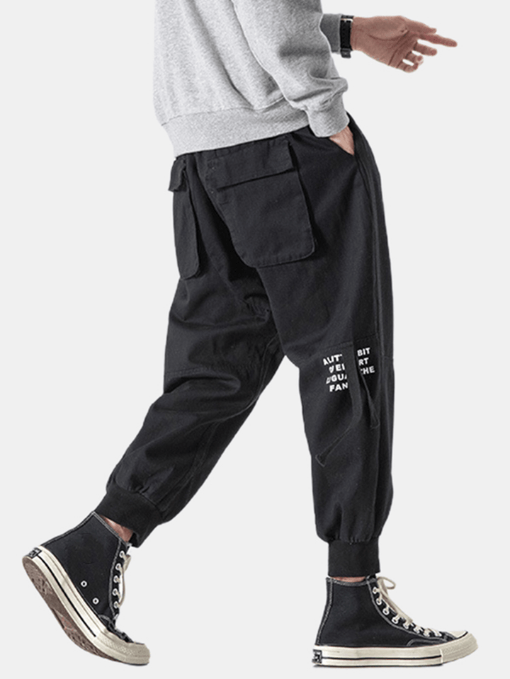 Mens Letter Print Side Ribbon Cotton Drawstring Cargo Pants with Pocket