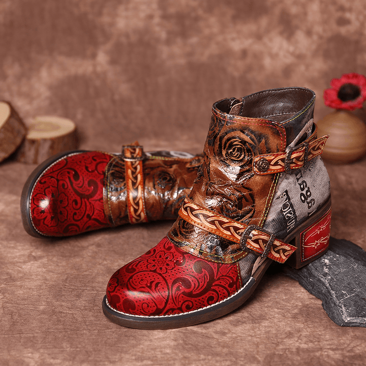 Women Embossed Rose Genuine Leather Splicing Boots