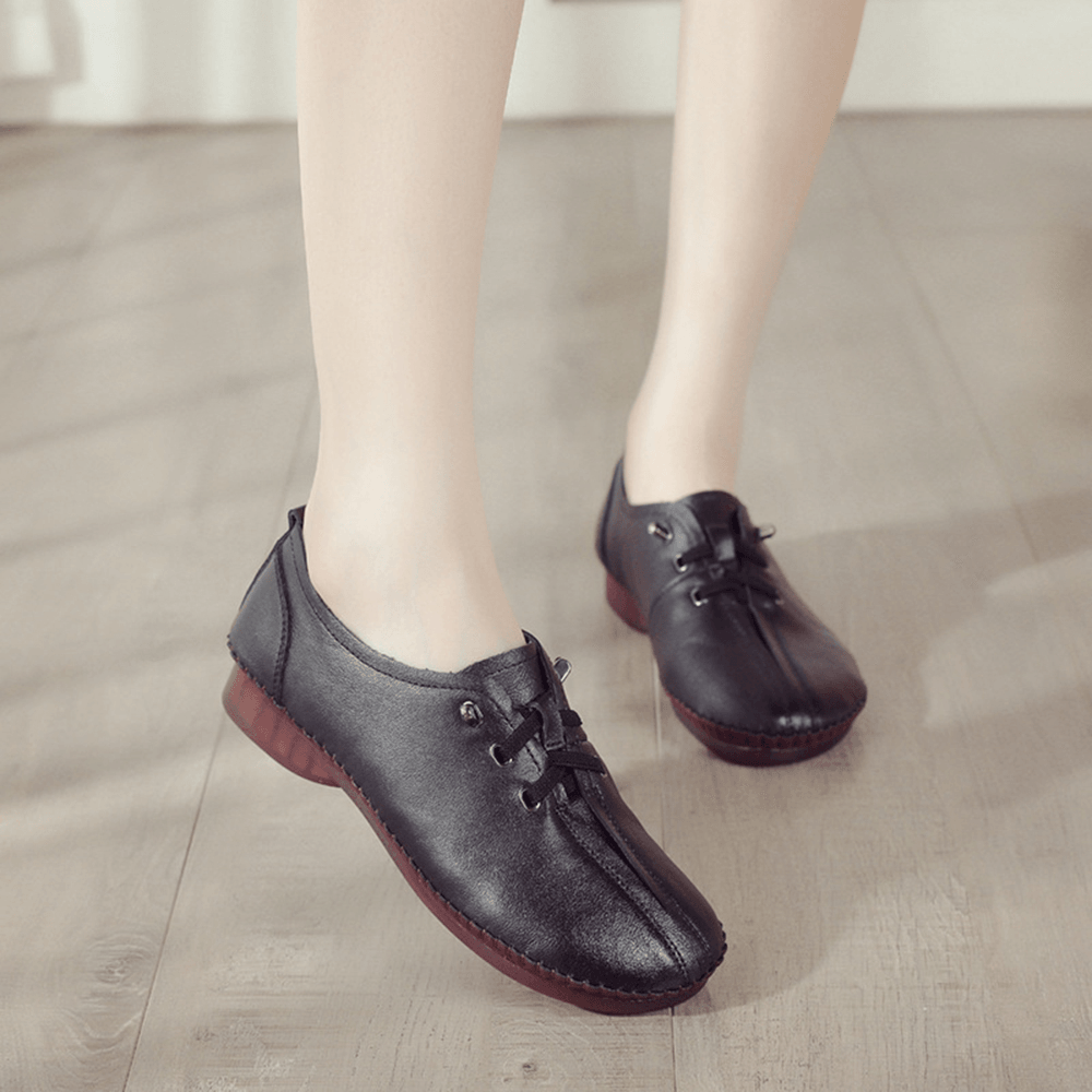 Women Comfy Stitching Genuine Leather Soft Lace up Flats Loafters - MRSLM