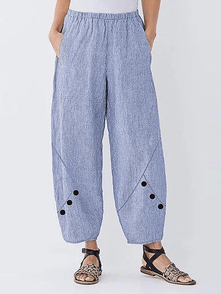 Striped Elastic Waist Side Pocket Harem Button Casual Pants