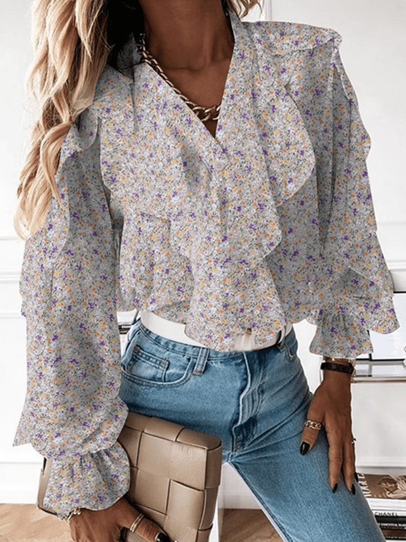 Ditsy Floral Print V-Neck Casual Flounce Sleeve Button Casual Blouses for Women