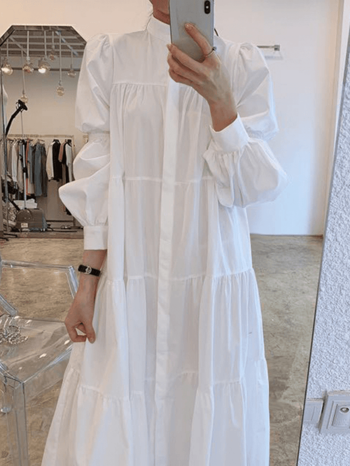 Women Solid Tiered Stand Collar Pleats Puff Sleeve Casual Shirt Midi Dresses