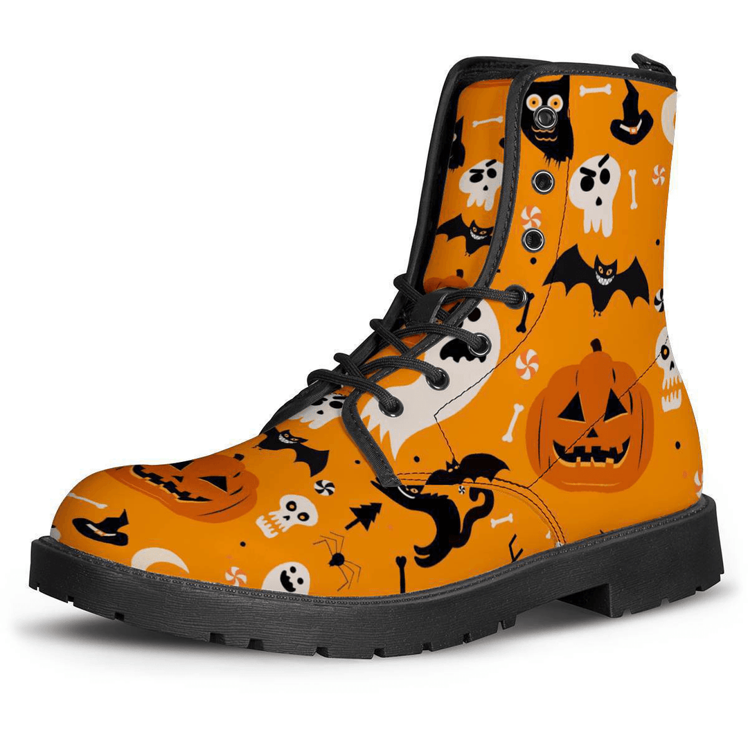 Men Leather Halloween Funny Printing Soft Sole round Toe Comfy Casual Martin Boots