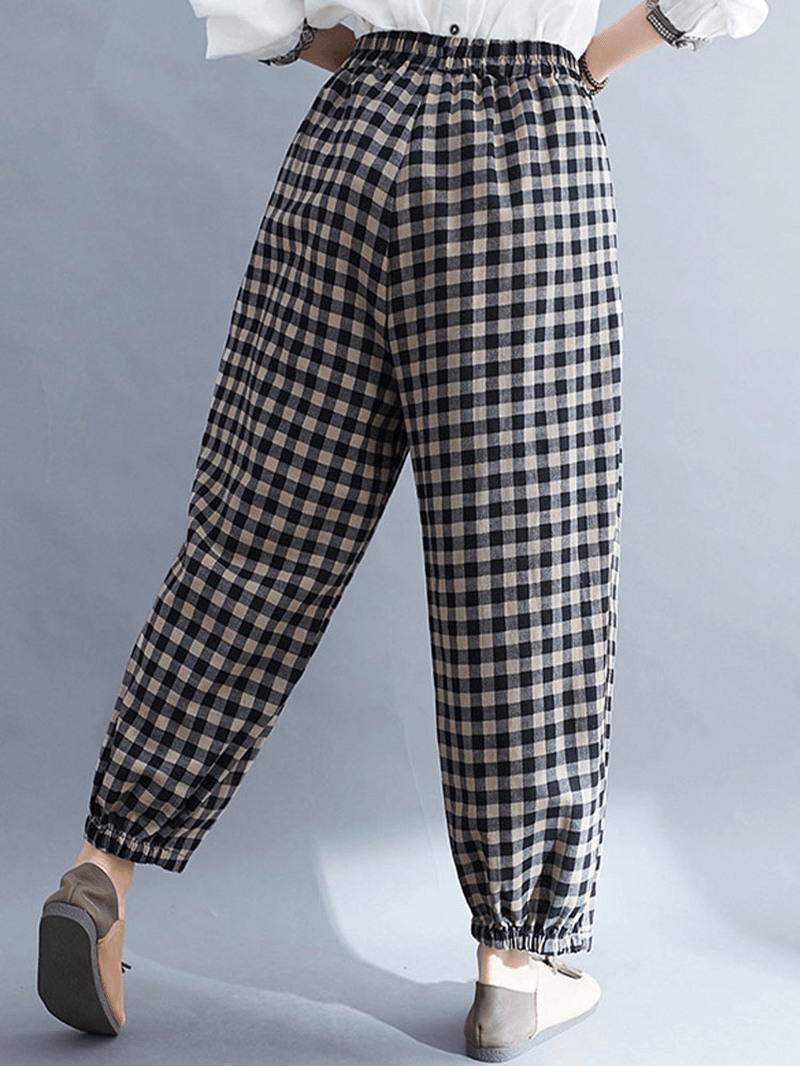 Women Vintage Plaid Wide-Legged Elastic High Waist Side Pocket Ankle Length Harem Pants