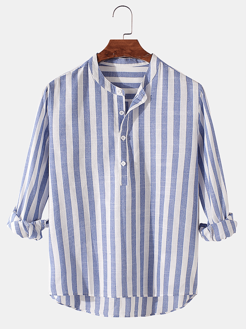 Mens Basic Striped Cotton High Low Hem Stand Collar Casual Long Sleeve Henley Shirts