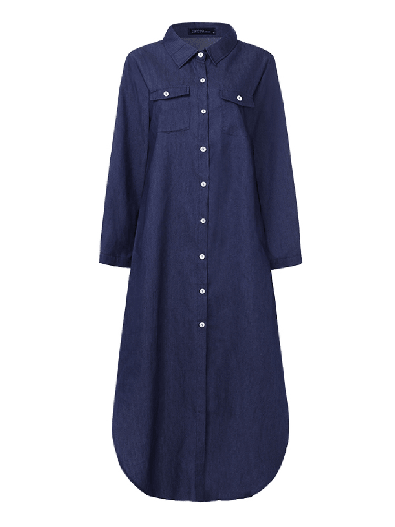 Casual Loose Button Front Irregular Split Hem Denim Maxi Shirt Dress with Front Pockets