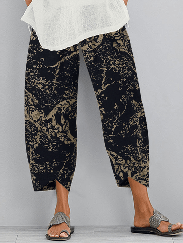 Women Elastic Wasit Loose Irregular Hem Pocket Vintage Pants - MRSLM