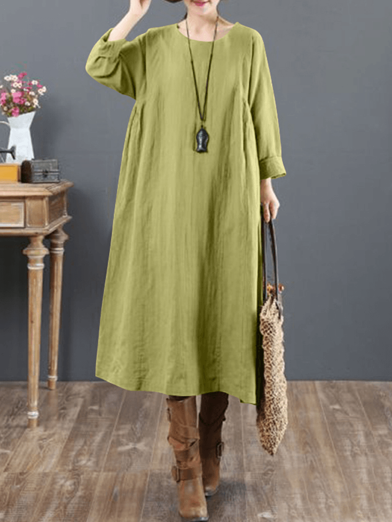 Women Cotton Solid Tie Back round Neck Long Sleeve Casual Midi Dresses