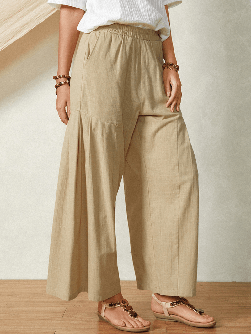 Solid Color Pocket Elastic Waist Casual Cotton Flare Leg Women Pants