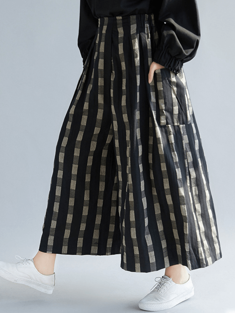 Women Plaid Striped Print plus Size Side Pocket Loose Pants