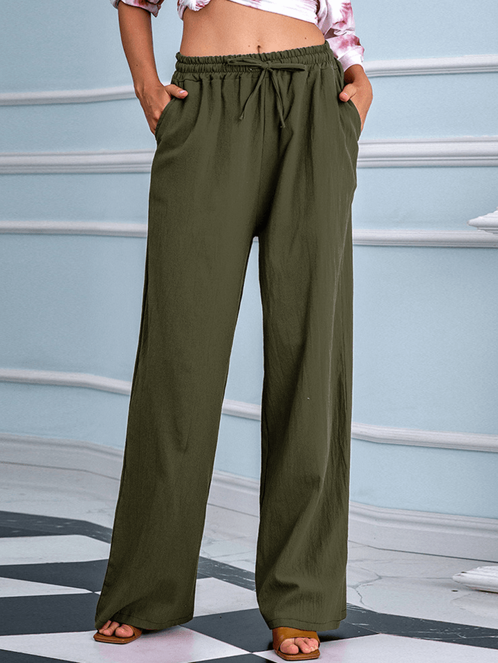 Women Loose Casual Solid Color Drawstring Mid Waist Straight Pants