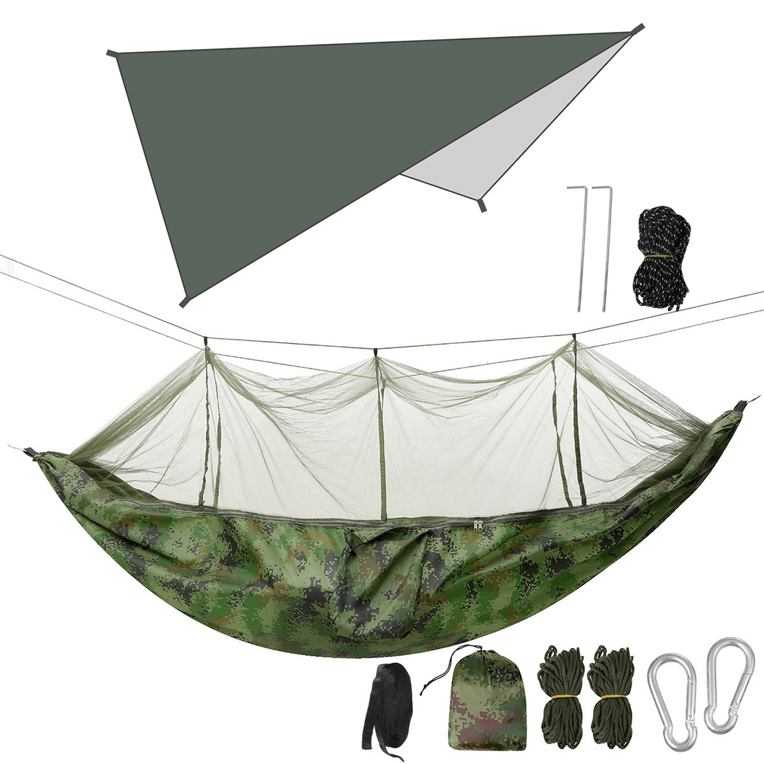 Double Person Camping Hammock with Mosquito Net + Awning Outdoor Hiking Travel Hanging Hammock Set Bearable 300Kg