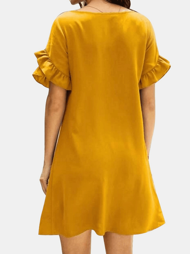 Solid Causal V-Neck Short Ruffled Sleeve Dress for Women