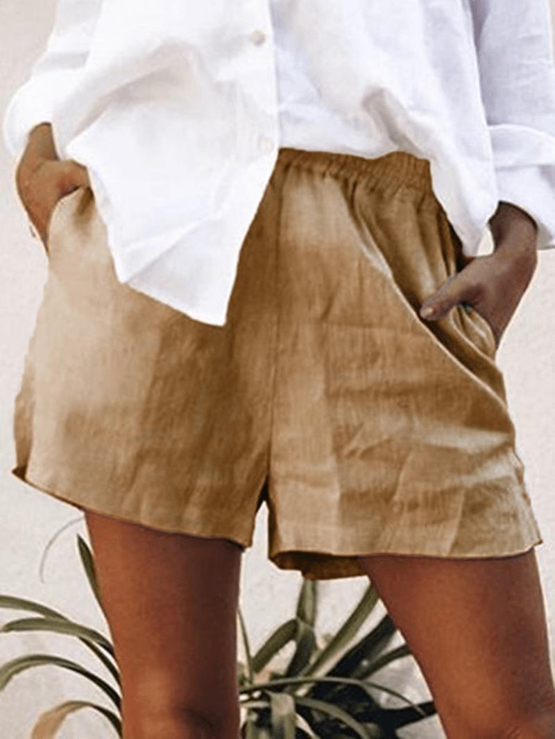 Women Cotton Solid Color Elastic Waist Shorts