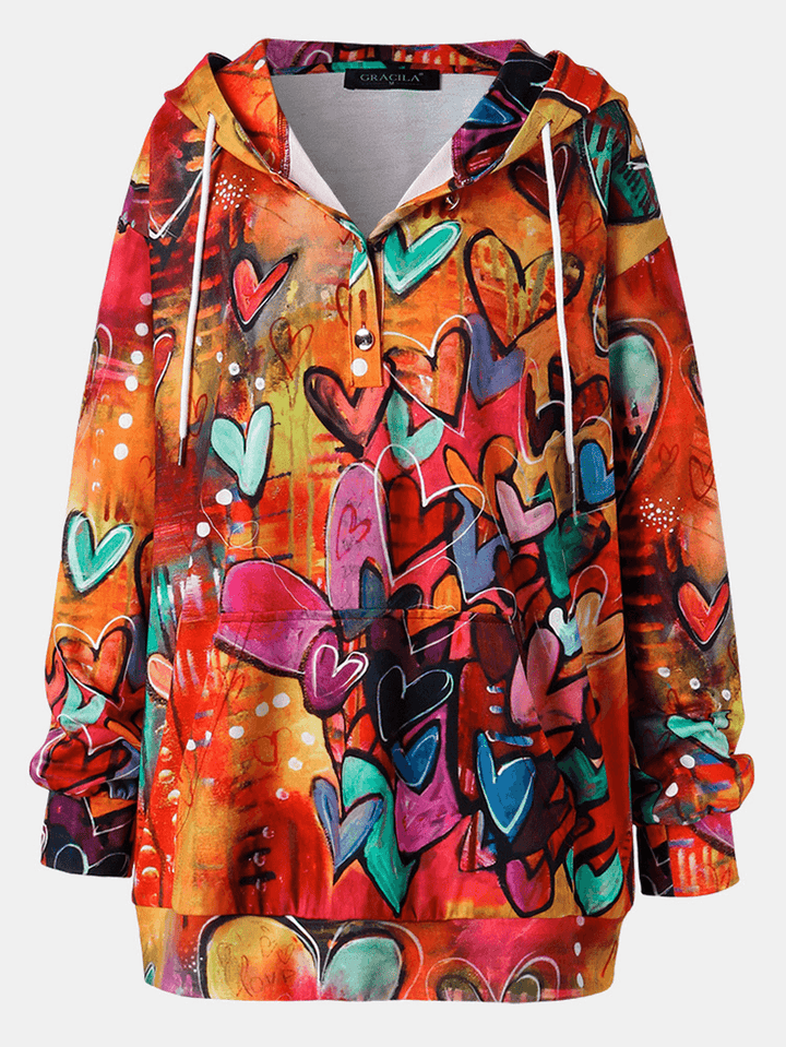 Women Colorful Graffiti Heart Print Long Sleeve Drawstring Hoodie with Kangaroo Pocket