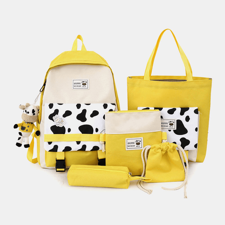 5 PCS Canvas Preppy Cow Pattern Multifunction Combination Bag Backpack Tote Crossbody Bag Clutch Wallet - MRSLM