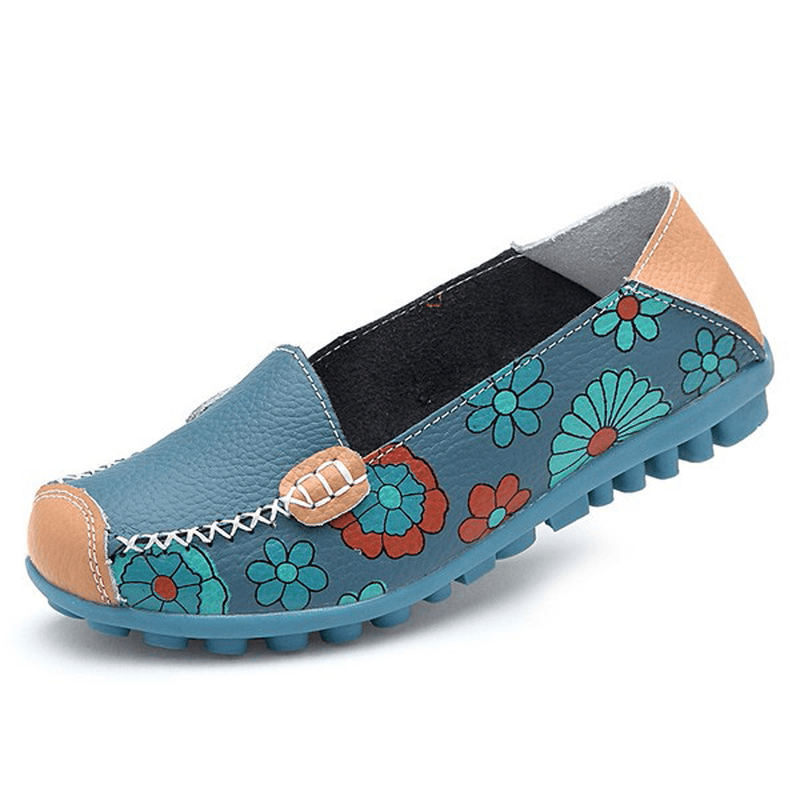 Big Size Women Flower Floral Leather Loafers Moccasins Flats Soft Ballet Shoes round Toe Flats - MRSLM