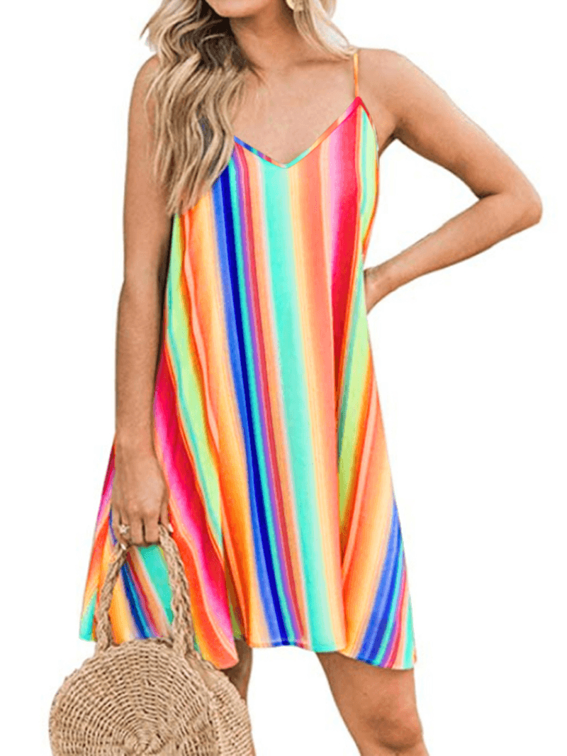 V-Neck Color Patchwork Sleeveless Summer Holiday Dress for Women - MRSLM