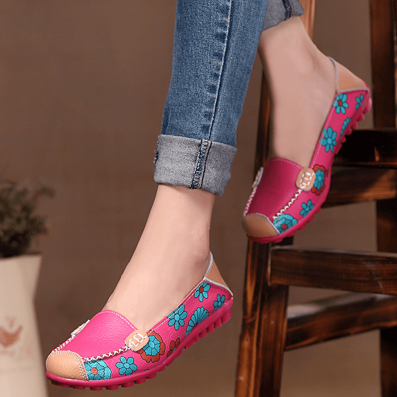 Big Size Women Flower Floral Leather Loafers Moccasins Flats Soft Ballet Shoes round Toe Flats