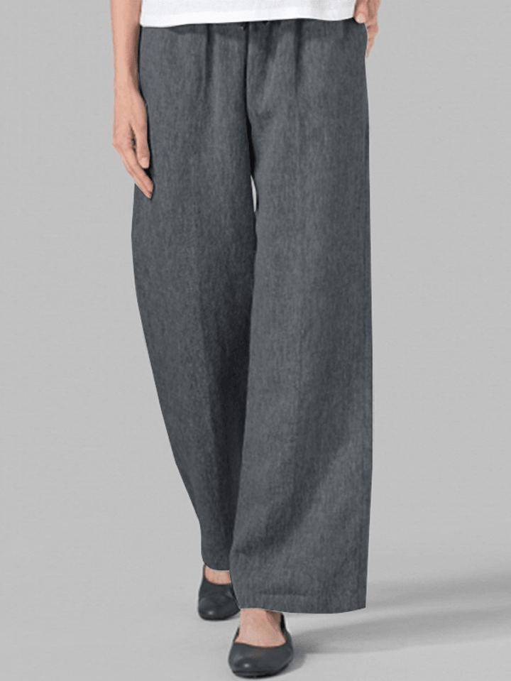 Women Solid Elastic Waist Wide Leg Pants - MRSLM