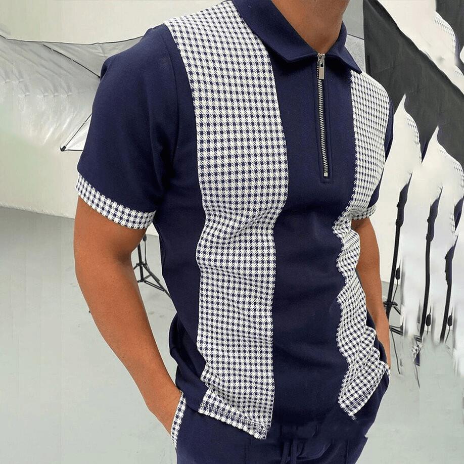 POLO Shirt Zipper Check Color Block Men'S T-Shirt