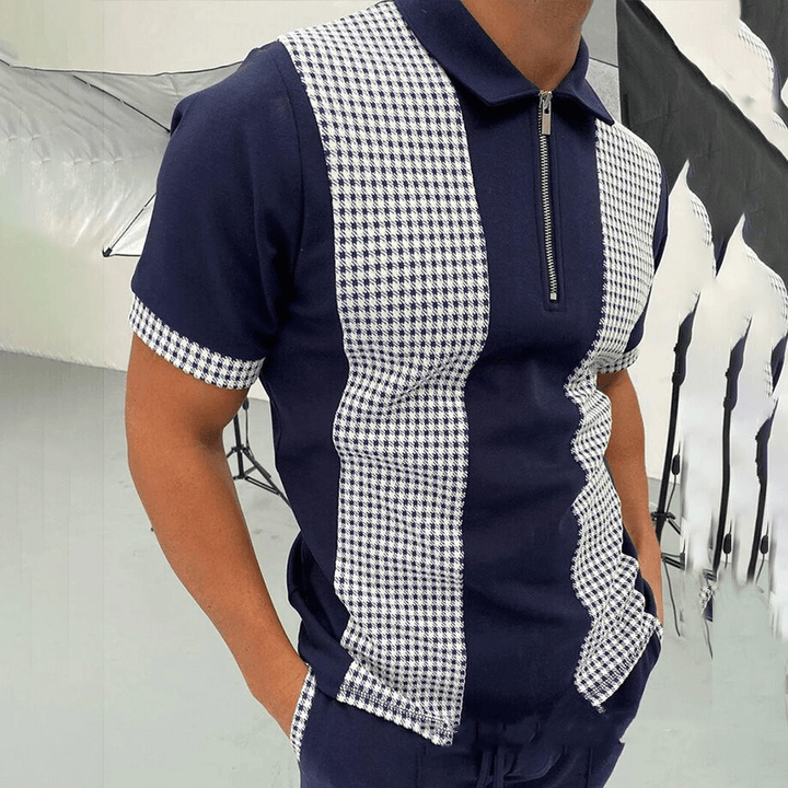 POLO Shirt Zipper Check Color Block Men'S T-Shirt