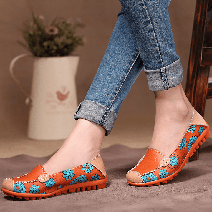 Big Size Women Flower Floral Leather Loafers Moccasins Flats Soft Ballet Shoes round Toe Flats