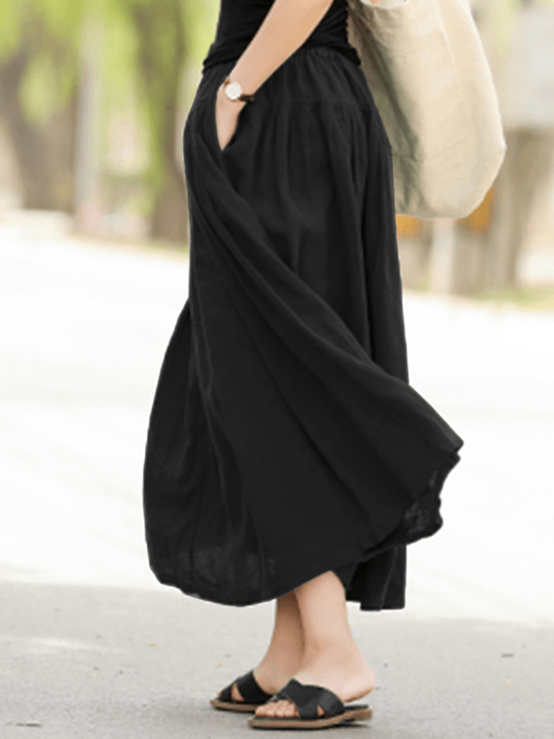 Casual Solid Elastic Waist Pleated Spliced Cotton Skirt for Women