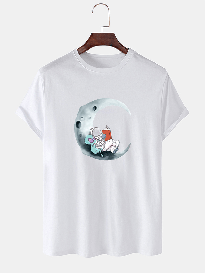 Mens 100% Cotton Moon Astronaut Print Short Sleeve Casual T-Shirts